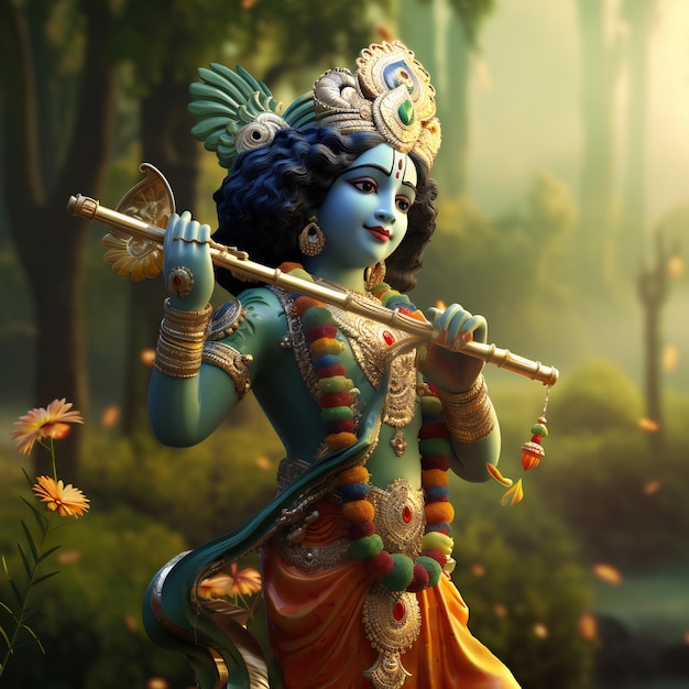 3D Render of Lord Shree Krishna with His Bansuri Natural Background