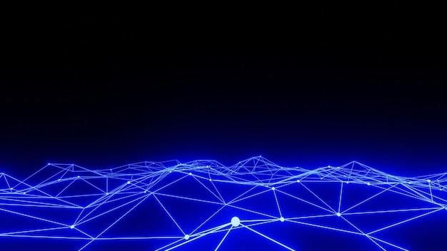 3D render low poly blue wireframe triangle on black background, hosting, internet, web servers, data