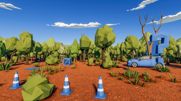 3D Render low Polygon background with mock up landscape canva scenery