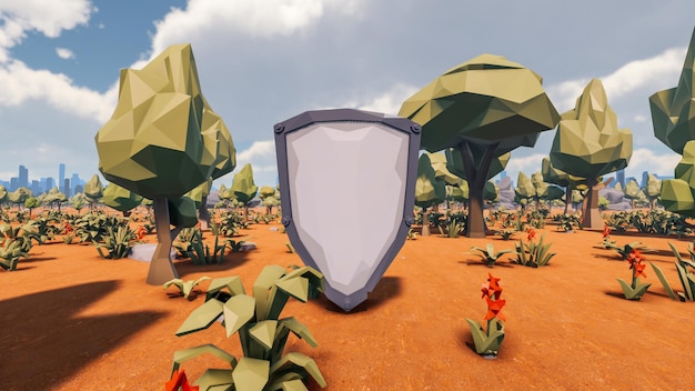 3D Render low Polygon background with natural landscape desert scenery and white shield