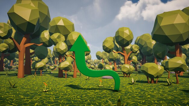 3D Render low Polygon a green arrow for showing a direction with environment in background