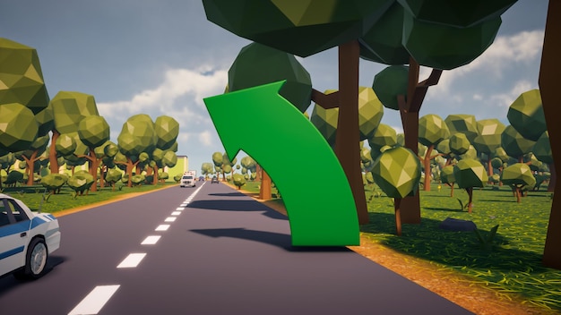 3D Render low Polygon a green arrow for showing a direction with environment in background