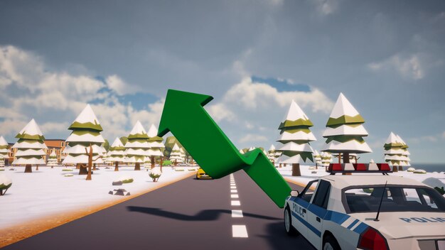 3D Render low Polygon a green arrow for showing a direction with environment in background