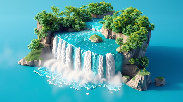 Photo a 3d render of a lush green island with a waterfall cascading into a blue lagoon