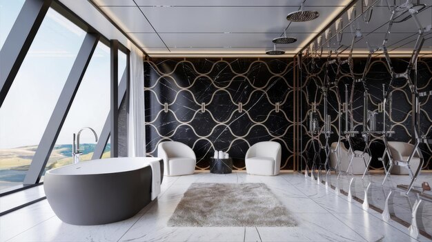 3d render luxury bathroom interior with big bathtup and black marble wall decoration