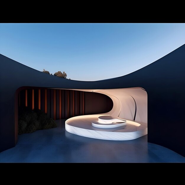 3d render luxury villa house at night Abstract of curved architectural future modern facade design