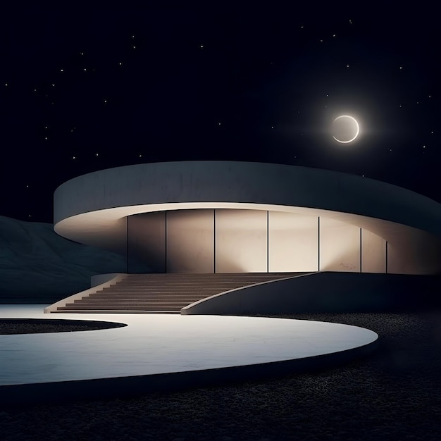 3d render luxury villa house at night Abstract of curved architectural future modern facade design