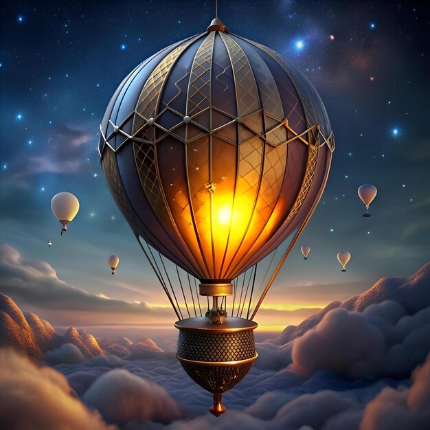 Photo a 3d render of a magnificent hot air balloon against a starry night sky