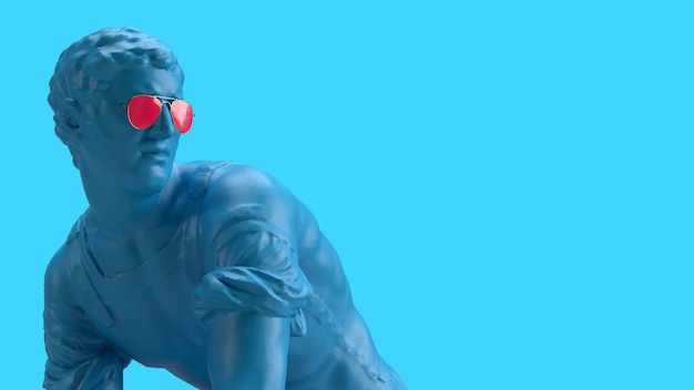 3d render male statue looking back over a blue background in glasses looks back