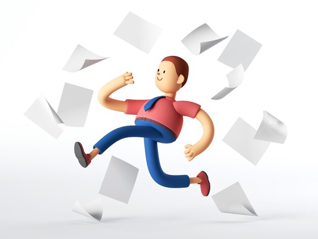 3d render Man cartoon character runs and document papers fall reporter in a hurry braking news