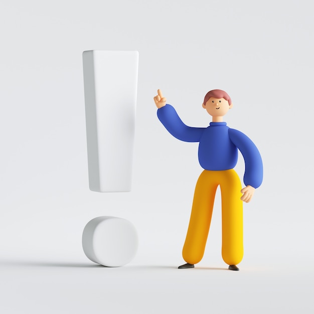 3d render of man cartoon character standing near the big exclamation point. Conference speaker, coach gives advise.