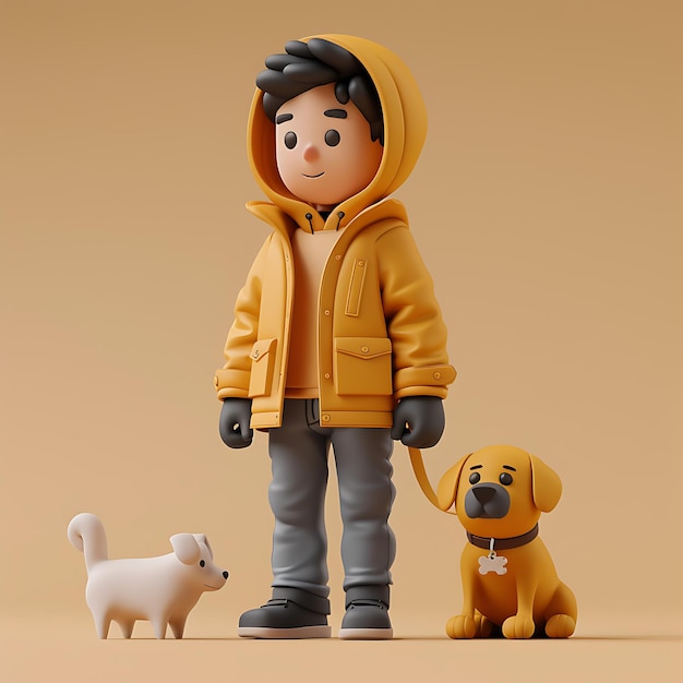 3D Render of Man with Dogs in Cartoon Style