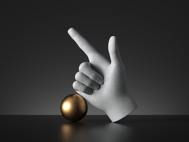 3d render, mannequin hand finger pointing up and golden ball, direction gesture. Human limb prosthesis. Sculpture art object