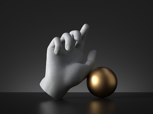 3d render, mannequin hand and golden ball. Sculpture art object.