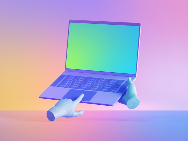 3d render mannequin hands holding laptop computer