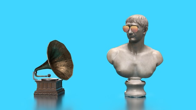 3d render marble bust of a man listening to music from a golden gramophone on a blue background