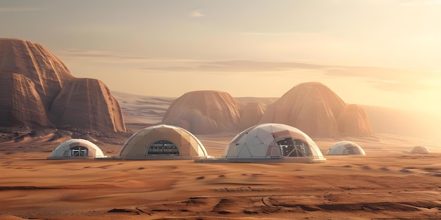 Photo 3d render of a martian colony featuring several domes in a desertlike setting concept 3d render martian colony desert setting domes scifi environment