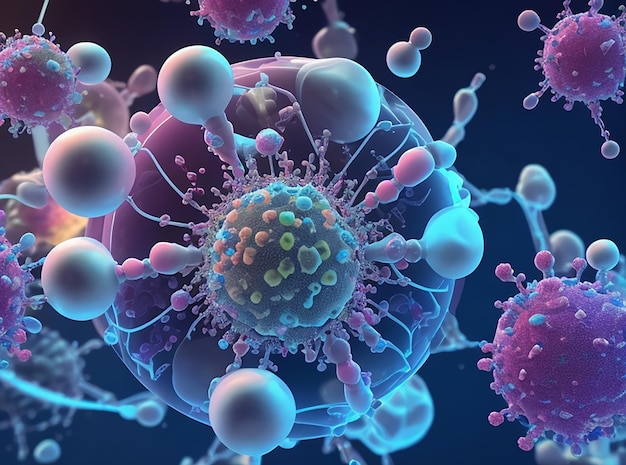 3d render of a medical background with dna strands and virus cells