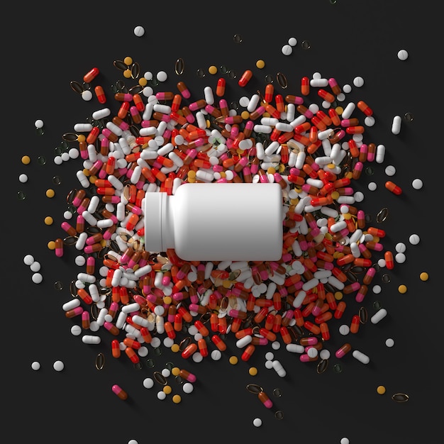 3d render of medicine pills and bottle with cap. Abstract medical illustration.