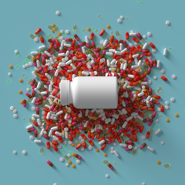 3d render of medicine pills and bottle with cap. Abstract medical illustration.