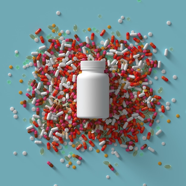 3d render of medicine pills and bottle with cap. Abstract medical illustration.