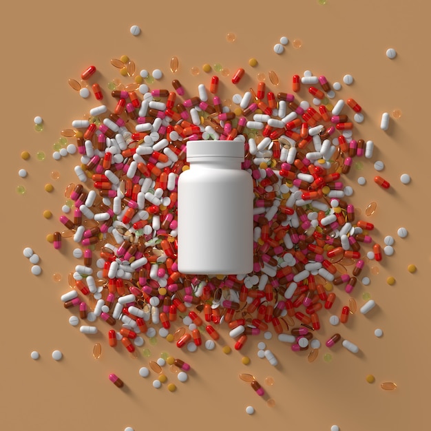 3d render of medicine pills and bottle with cap. Abstract medical illustration.