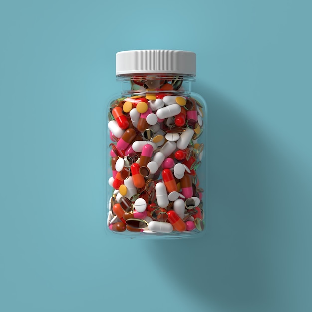 3d render of medicine pills in glass bottle with cap. Abstract medical illustration.