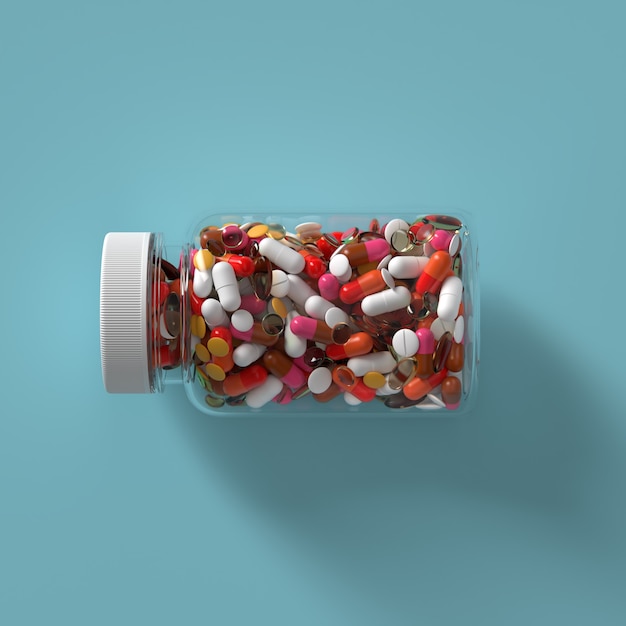 3d render of medicine pills in glass bottle with cap. Abstract medical illustration.