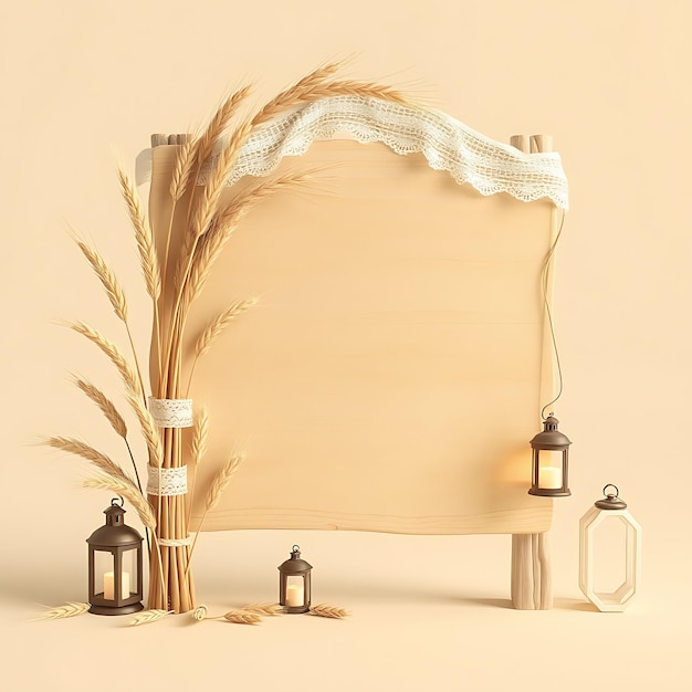 3D Render of Mediterranean Blank Wooden Sign Board Wheat Stalks Dr Inspired Floral Decorationsi