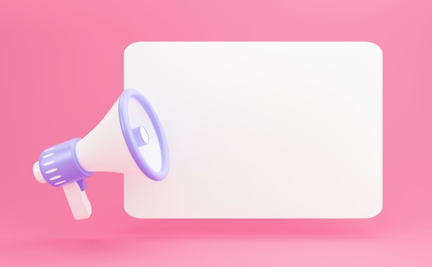 3d render megaphone on blank banner with copy space. Minimal cartoon style, amplifier communication concept with speech bubble