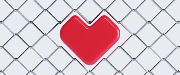 3d render of metal fence mesh with red heart in the middle isolated on white background valentines day concept