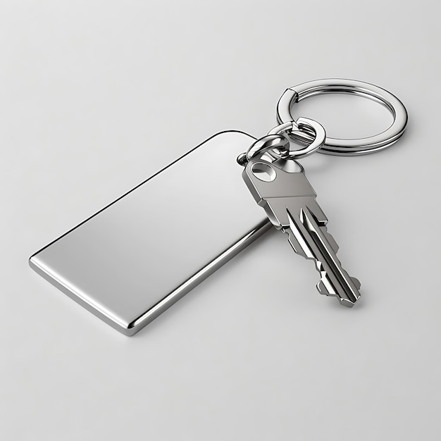 Photo 3d render of a metal key chain with blank tag and key