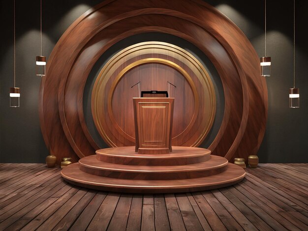 A 3D render of a meticulously designed wooden podium