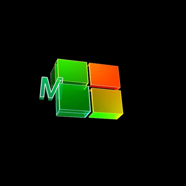 Photo 3d render microsoft logo embossed in translucent multi colored glass hovering at a 20 degree tilt