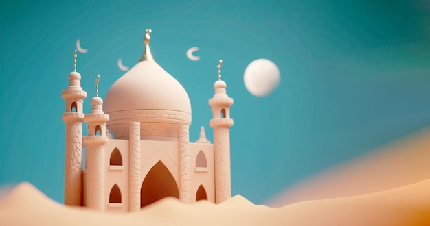 3d render of miniature clay mosque for islamic celebration day background