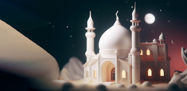 3d render of miniature clay mosque for islamic celebration day background