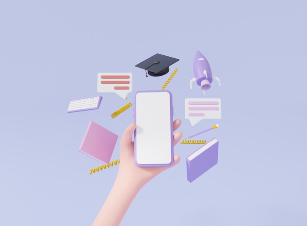 3D render minimal cartoon hand holding learning online Education concept on smartphone white screen purple background banner website application page platform