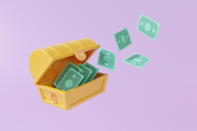 3d render Minimal cartoon open treasure chest with banknote floating on purple background protection treasure box coffer concept wealth precious illustration