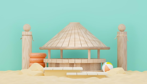 3d render minimal podium background for show and sales products Hello Summer season scene design concept Abstract Vacant pedestal for presentation and advertising Beach Vacations in Summer