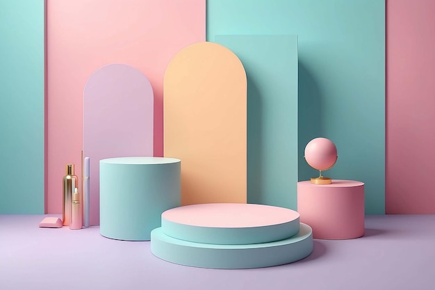 3D Render Minimal Realistic pastel Display Podium for Product Mock up or Cosmetics Presentation in colorful pastel Studio Cylinder pedestal showcase scene geometric shapes background