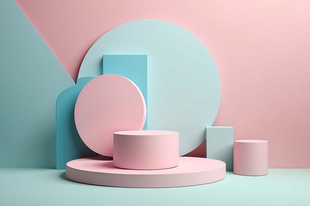 3D Render Minimal Realistic pastel Display Podium for Product Mock up or Cosmetics Presentation in colorful pastel Studio Cylinder pedestal showcase scene geometric shapes background