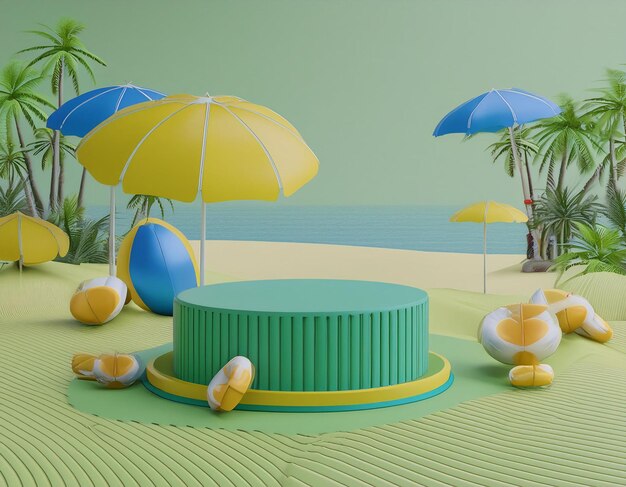 3D render minimal Summer background with empty podium or pedestal platform for showing product