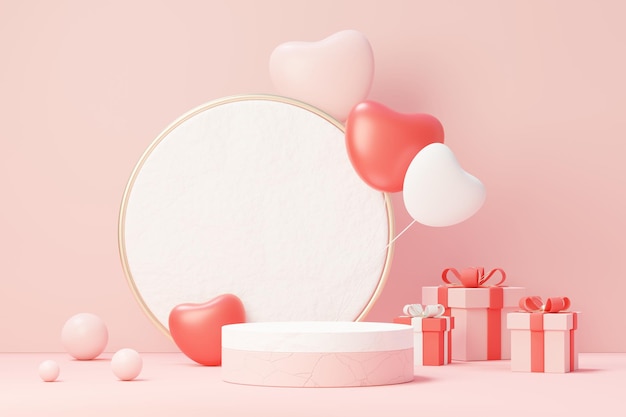 3d render minimal sweet scene with display podium for mock up and product brand presentation. Pink Pedestal stand for Valentine's Day's theme. Cute lovely heart background. Love day's design style.