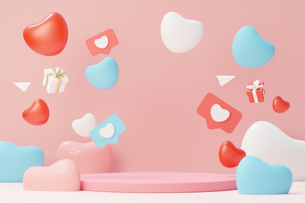 3d render minimal sweet scene with display podium for mock up and product brand presentation. Pink Pedestal stand for Valentine's Day's theme. Cute lovely heart background. Love day's design style.