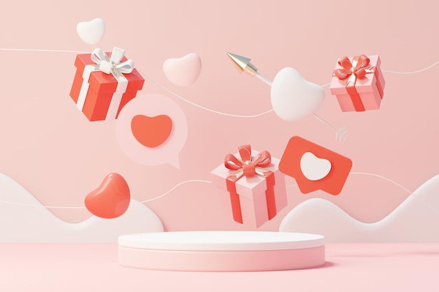 3d render minimal sweet scene with display podium for mock up and product brand presentation. Pink Pedestal stand for Valentine's Day's theme. Cute lovely heart background. Love day's design style.