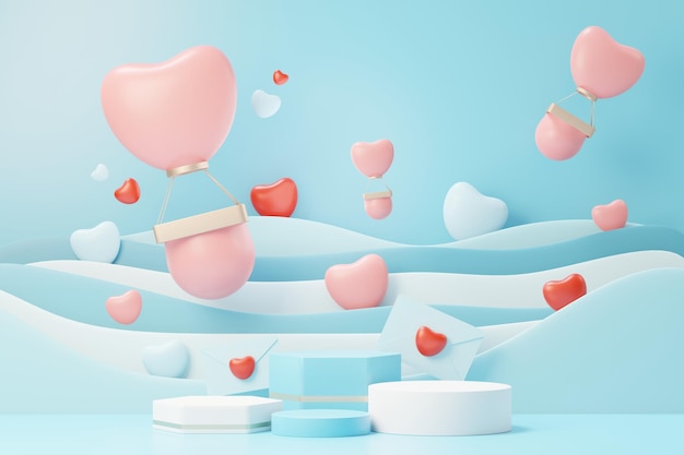 3d render minimal sweet scene with display podium for mock up and product brand presentation. Pink Pedestal stand for Valentine's Day's theme. Cute lovely heart background. Love day's design style.