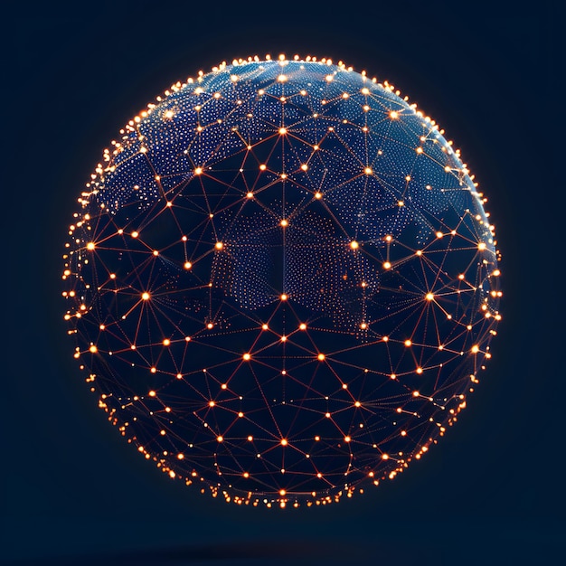 Photo a 3d render of a minimalist globe constructed from connected points and lines on a dark blue background