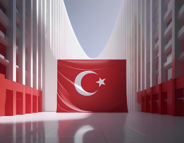 3D render of a minimalist Turkish flag seamlessly integrated into a modern architectural structure