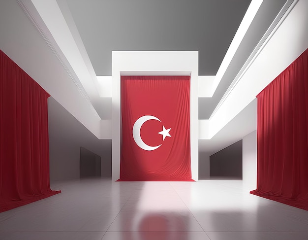 3D render of a minimalist Turkish flag seamlessly integrated into a modern architectural structure