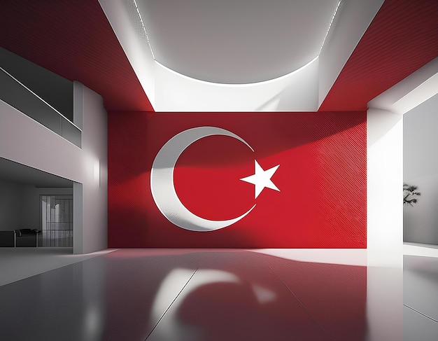 3D render of a minimalist Turkish flag seamlessly integrated into a modern architectural structure